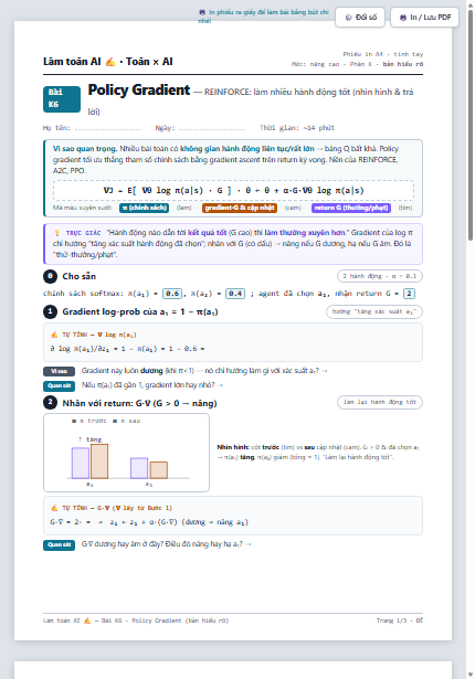 Phiếu thật — Bài K6 · Policy Gradient (REINFORCE)